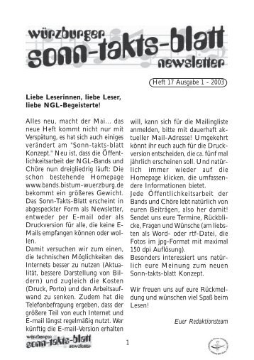 Sonntaktsblatt 17, Ausgabe 1/2003 - Arbeitskreis Neues Geistliches ...