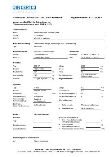 Solar KEYMARK Registernummer: 011-7S1066 A - DIN CERTCO