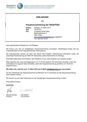 EINLADUNG Hauptversammlung der SIGA/FSIA - Schweizerische ...