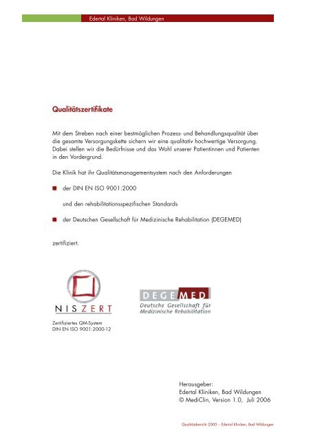 Qualitätsbericht 2005 - MEDICLIN Reha-Zentrum am Hahnberg