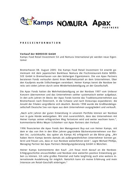 Presseinformation Verkauf Der Nordsee Gmbh Kamps Food