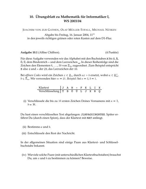 10. Übungsblatt zu Mathematik für Informatiker I, WS 2003/04