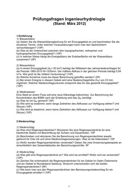 Prüfungsfragen Ingenieurhydrologie Institut Für Wasserbau