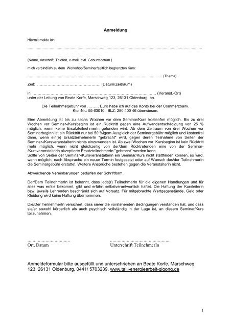 1 Ort Datum Unterschrift Teilnehmerin Beate Korfe