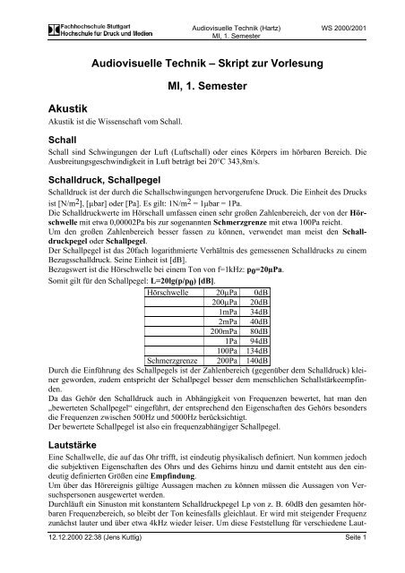 Audiovisuelle Technik – Skript zur Vorlesung Akustik MI, 1. Semester