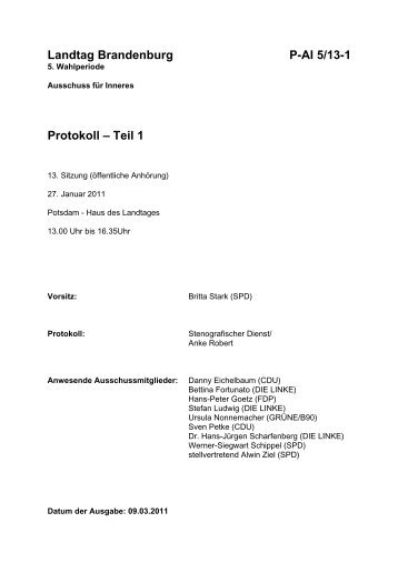 Protokoll der 13. Sitzung des Ausschusses für Inneres - Landtag ...
