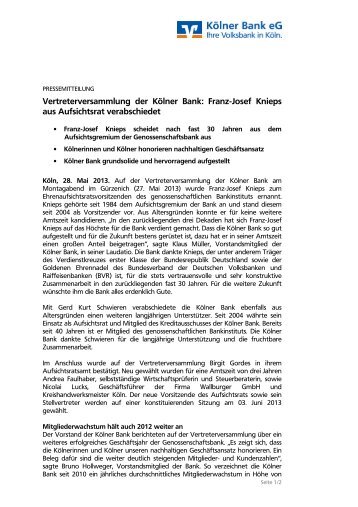Franz-Josef Knieps als Aufsichtsrat verabschiedet - Kölner Bank eG