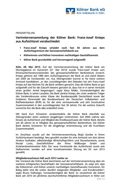 Franz-Josef Knieps als Aufsichtsrat verabschiedet - Kölner Bank eG