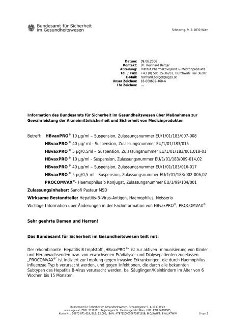Betreff: HBvaxPRO® 10 µg/ml – Suspension, Zulassungsnummer ...