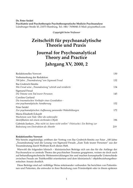 Zeitschrift für psychoanalytische Theorie und Praxis Journal for ...