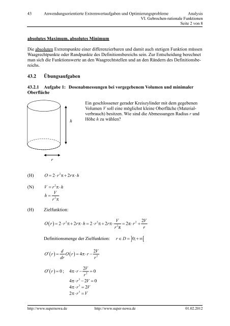 43 Anwendungsorientierte Extremwertaufgaben ... - SUPERNOWA.de