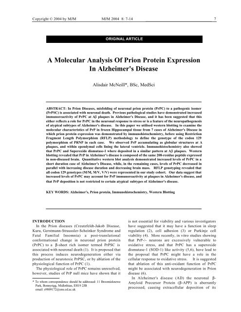 A Molecular Analysis Of Prion Protein Expression In Alzheimer's ...