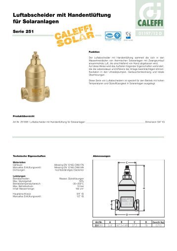 Luftabscheider mit Handentlüftung für Solaranlagen - Caleffi