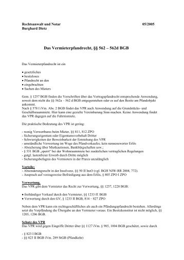 Das Vermieterpfandrecht, §§ 562 – 562d BGB - Mietrechtspraktiker