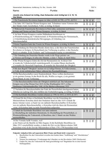 Klassenarbeit zu Aufklärung und Restauration (pdf) - Der Lehrerfreund