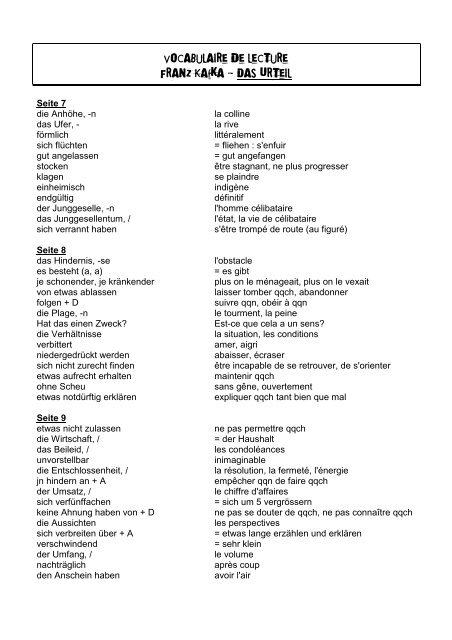 Vocabulaire de lecture Franz Kafka - Das Urteil