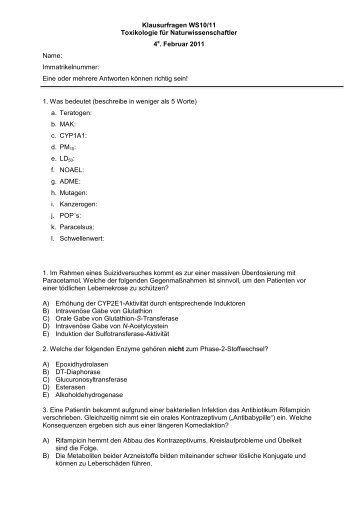 Klausurfragen WS10/11 Toxikologie für Naturwissenschaftler 4e ...