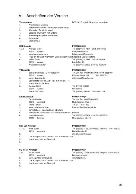 Adressliste der Vereine 2012/2013