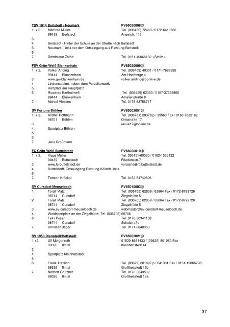 Adressliste der Vereine 2012/2013