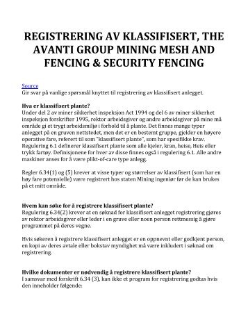 Registrering av klassifisert, The Avanti Group Mining Mesh and Fencing 