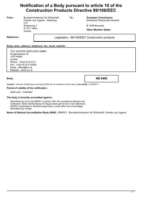 Notification Of A Body Pursuant To Article 10 Of The Construction ...