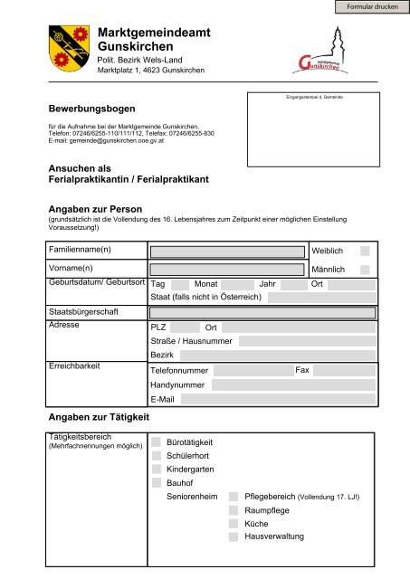 Bewerbungsbogen - Ferialarbeit - Gunskirchen