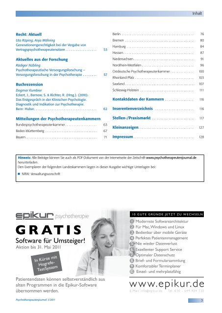 Inhaltsverzeichnis 1/2011 (.pdf) - Psychotherapeutenjournal