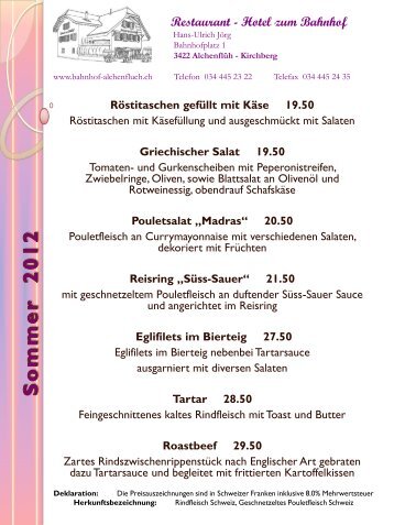 Restaurant - Hotel zum Bahnhof Hans-Ulrich Jörg Bahnhofplatz 1 ...