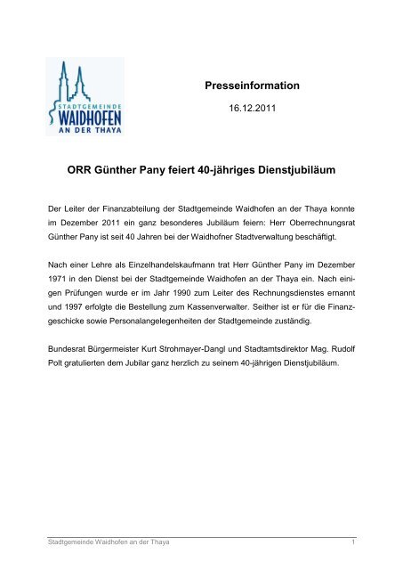 ORR Günther Pany feiert 40-jähriges Dienstjubiläum - Waidhofen an ...