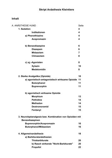 Skript Anästhesie Kleintiere Inhalt
