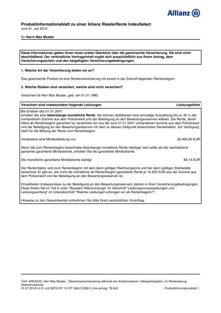 Produktinformationsblatt Allianz Riester Rente Index Select