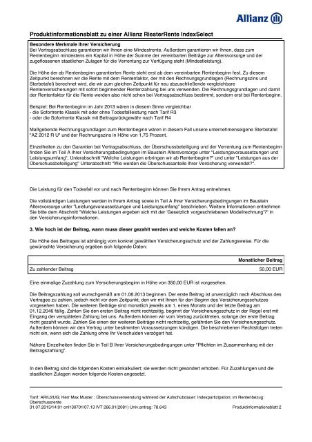 Produktinformationsblatt Allianz Riester Rente Index Select