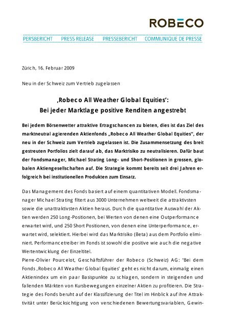 ‚Robeco All Weather Global Equities': Bei jeder Marktlage positive ...