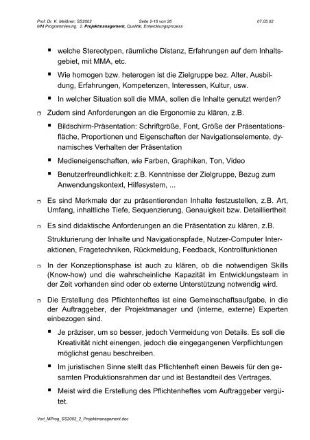 2. Projektmanagement, Qualität, Entwicklungsprozess