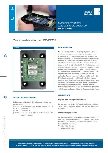 Kurzinformation Zusatzrelaisadapter 20-0052 ... - Telecom Behnke