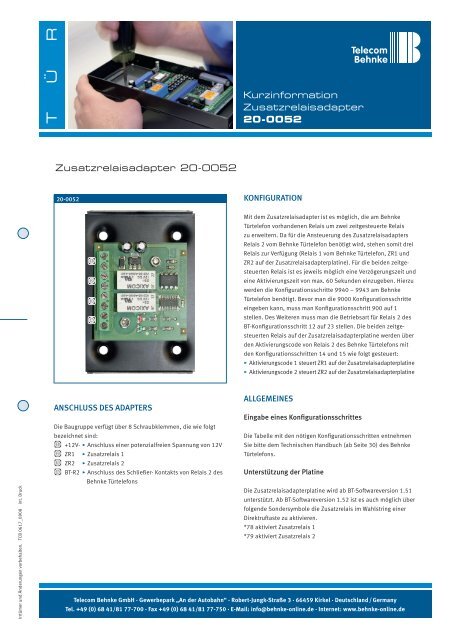 Kurzinformation Zusatzrelaisadapter 20-0052 ... - Telecom Behnke