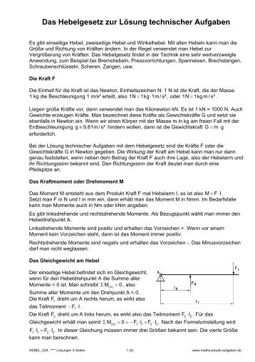 Das Hebelgesetz zur Lösung technischer Aufgaben - Mathe-Physik ...