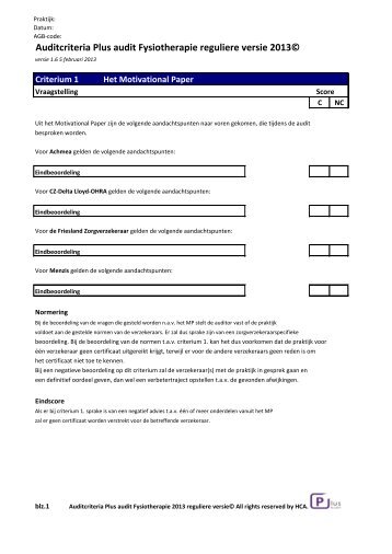 Auditcriteria Plus audit Fysiotherapie reguliere versie 2013©