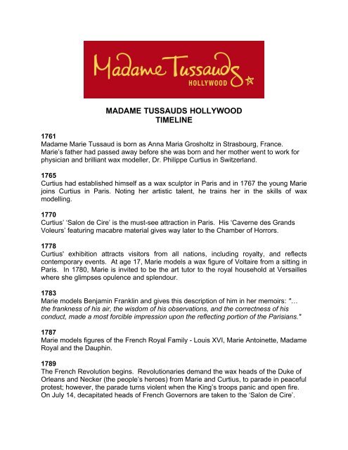 MADAME TUSSAUDS HOLLYWOOD TIMELINE