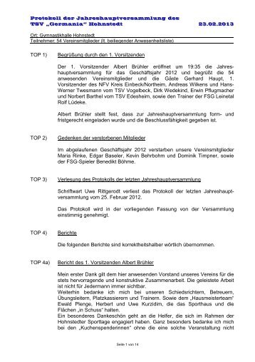 Protokoll JHV 2013 - TSV "Germania" Hohnstedt e. V.