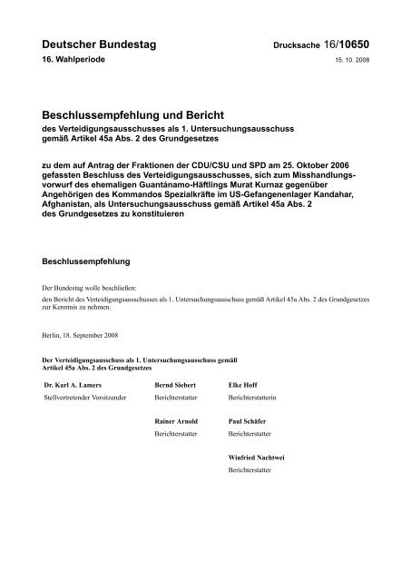Deutscher Bundestag Beschlussempfehlung und Bericht