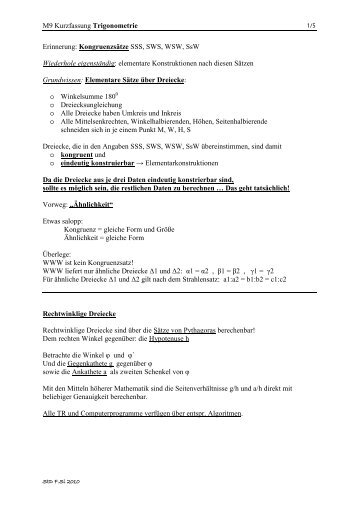 M9 Kurzfassung Trigonometrie Erinnerung: Kongruenzsätze SSS ...