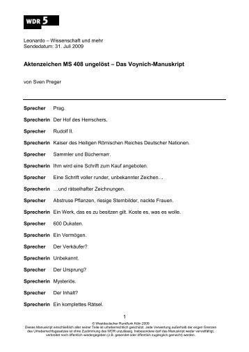 Aktenzeichen MS 408 ungelöst – Das Voynich-Manuskript - WDR 5