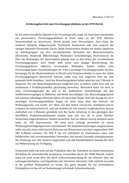 München, 17.01.12 Erfahrungsbericht zum Forschungspraktikum an ...