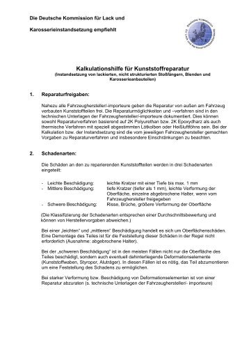 Kalkulationshilfe für Kunststoffreparatur - verkehrsRUNDSCHAU.de