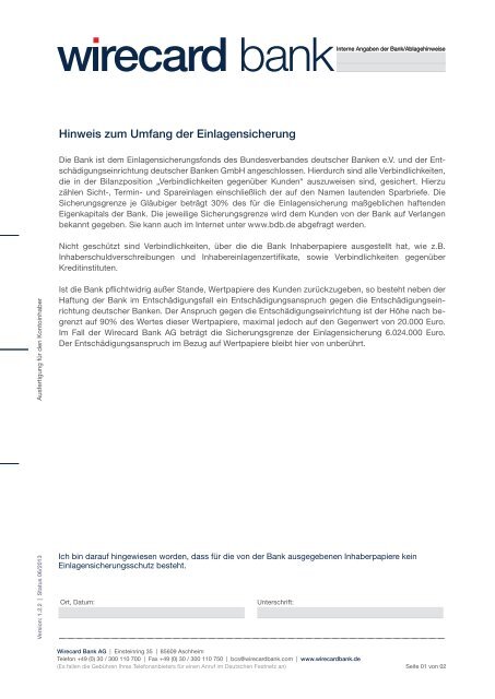 Hinweis Zum Umfang Der Einlagensicherung Wirecard Bank