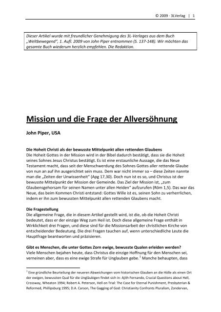 Mission und die Frage der Allversöhnung