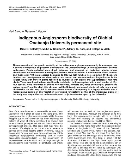 Indigenous Angiosperm biodiversity of Olabisi ... - Academic Journals