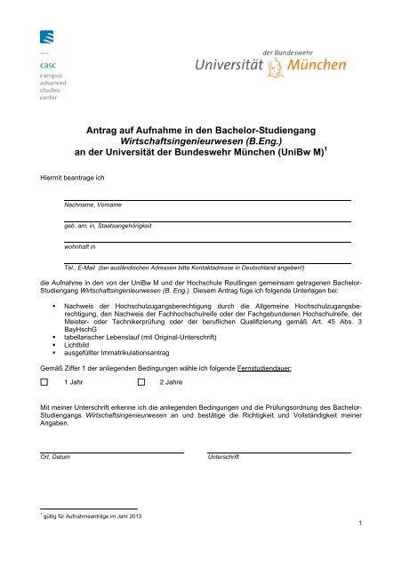 Antrag auf Aufnahme in den Bachelor-Studiengang ...