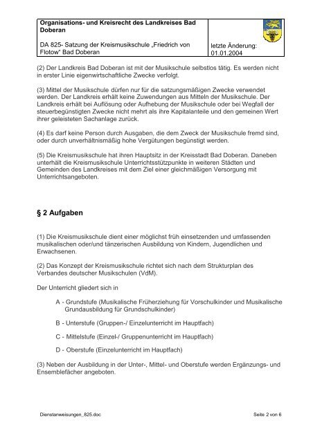 Satzung der Kreismusikschule „Friedrich von Flotow“ Bad Doberan